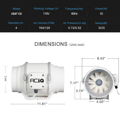 ACiQ 4 Inch Mixed Flow Inline Duct Fan - White