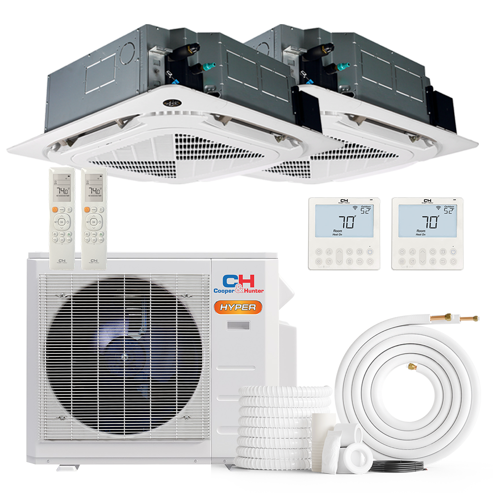 South Mini Splits | Cooper&Hunter Hyper Heat 2-Zone Ductless Mini Split AC & Heat Pump -- 28000 BTU (2.3 Ton) Without Shut-off Valves, 4-Way Ceiling Cassette Units (9K+24K) BTU, Inverter Technology, 230V, Heating & Cooling 