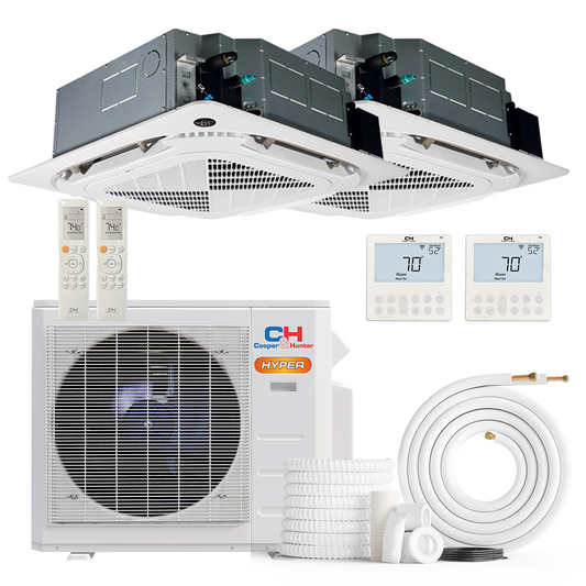 South Mini Splits | Cooper&Hunter Hyper Heat 2-Zone Ductless Mini Split AC & Heat Pump -- 28000 BTU (2.3 Ton) Without Shut-off Valves, 4-Way Ceiling Cassette Units (9K+24K) BTU, Inverter Technology, 230V, Heating & Cooling 