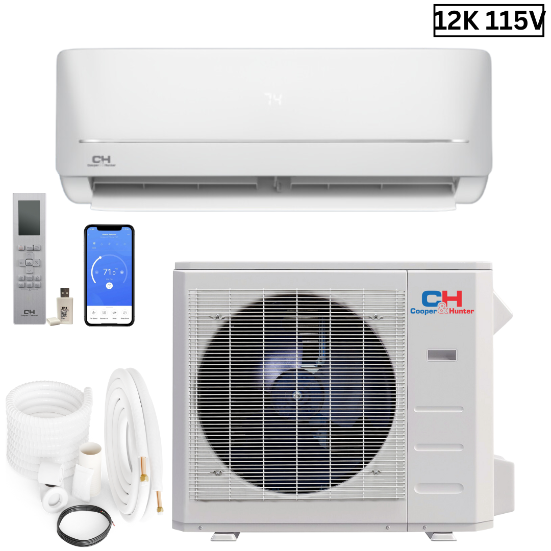 Cooper & Hunter MIA Series, 1 Ton Air Conditioner and Heat Pump, R410A, 12,000 BTU Wall Mount Ductless Mini Split, 20.8 SEER Inverter System, 115V/60HZ, Single Head, Includes Wi-Fi and Optional Installation Kit. SKU CH-NY12MIA-115VI + CH-NY12MIA-115VO