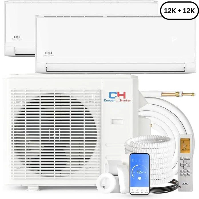 2 Zone Cooper & Hunter Olivia Series, 1.5 Ton Air Conditioner, Ductless Mini Split with 12k+12k BTU Wall Mounts, R410A, 22.9 SEER 18K BTU Inverter Heat Pump, 230V, Dual Head (2 Heads), Choose Install Kit + WIFI Adapter - South Mini Splits
