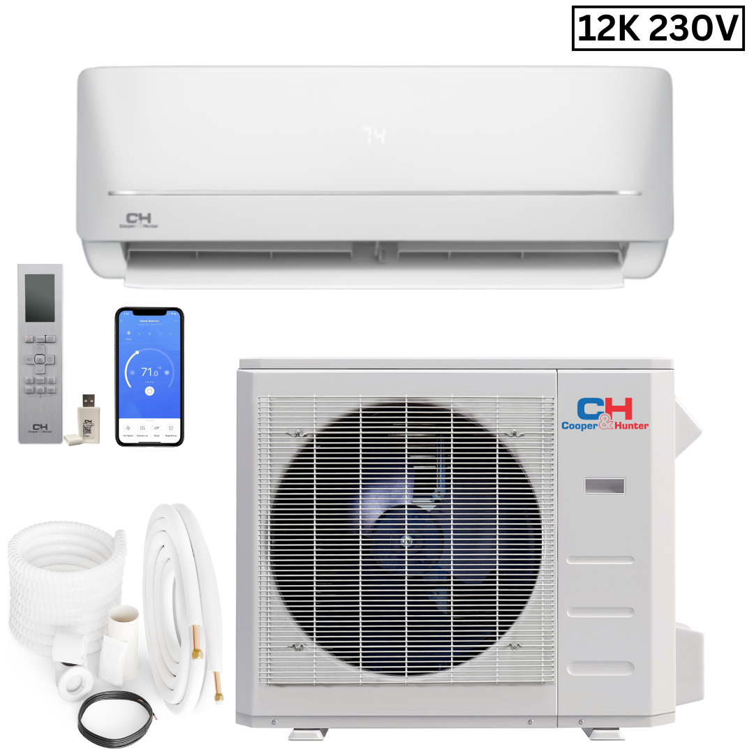 Cooper & Hunter MIA Series, 1 Ton Air Conditioner and Heat Pump, R410A, 12000 BTU Wall Mount Ductless Mini Split, 21.4 SEER Inverter System, 230V/60HZ, Single Head, Includes Wi-Fi and Optional Installation Kit. SKU CH-NY12MIA-230VI + CH-NY12MIA-230VO