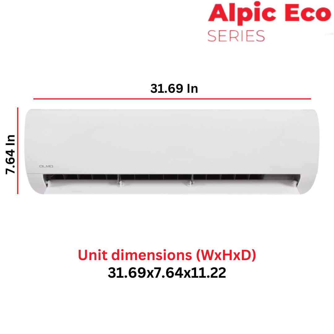 OLMO R410A, 12000 BTU 115V 17.4 SEER 1 Ton Mini Split Ductless Air Conditioner Heat Pump, Alpic Eco Series + Installation Kit Option. SKU OS-EL12ALP115VI + OS-EL12ALP115VO