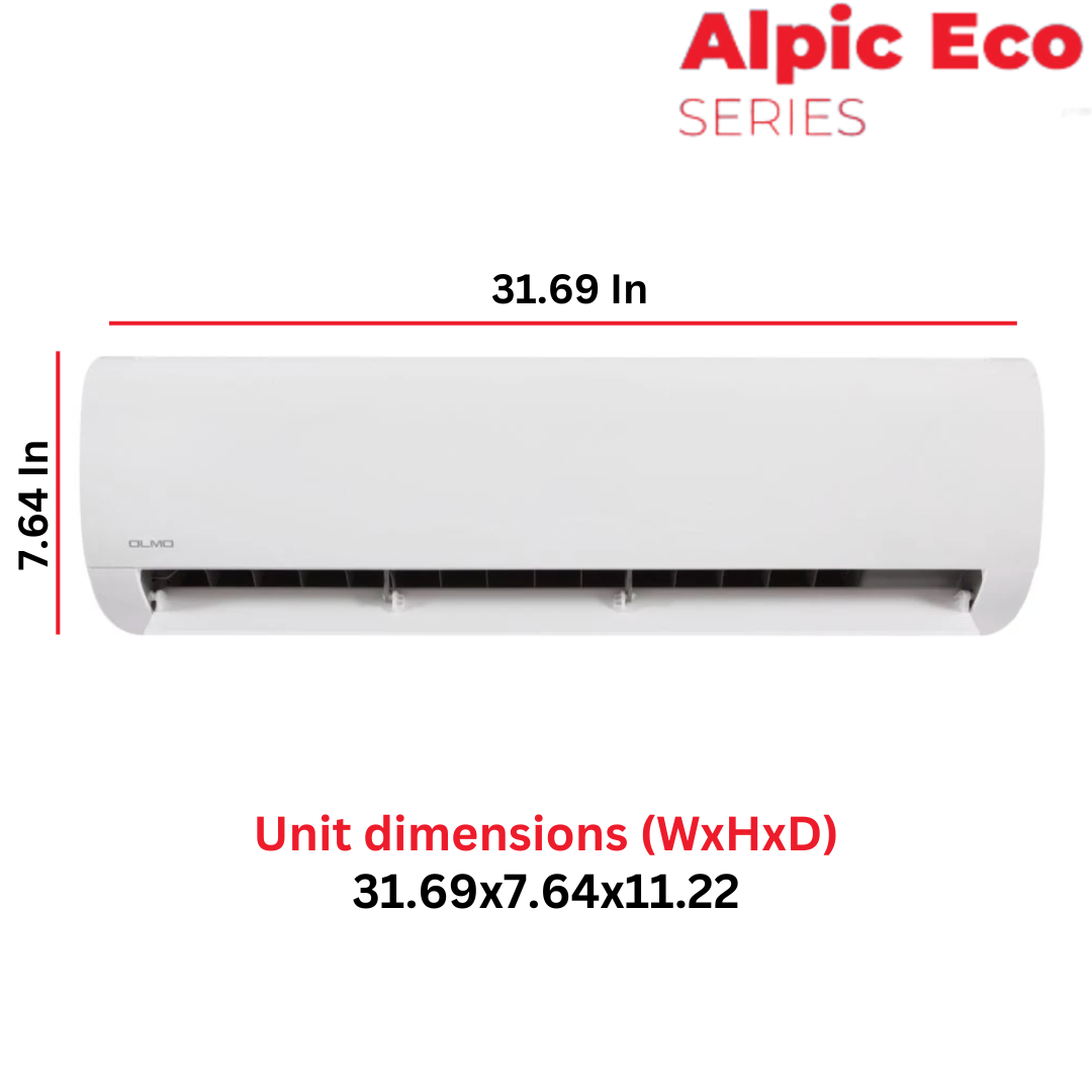 OLMO Alpic Eco Series, R410A, 1 Ton Air Conditioner and Heat Pump, 12,000 BTU Mini Split Ductless, 17.4 SEER Inverter System, 230V, Single Head, with Installation Kit Option SKU OS-EL12ALP230VI + OS-EL12ALP230VO - South Mini Splits