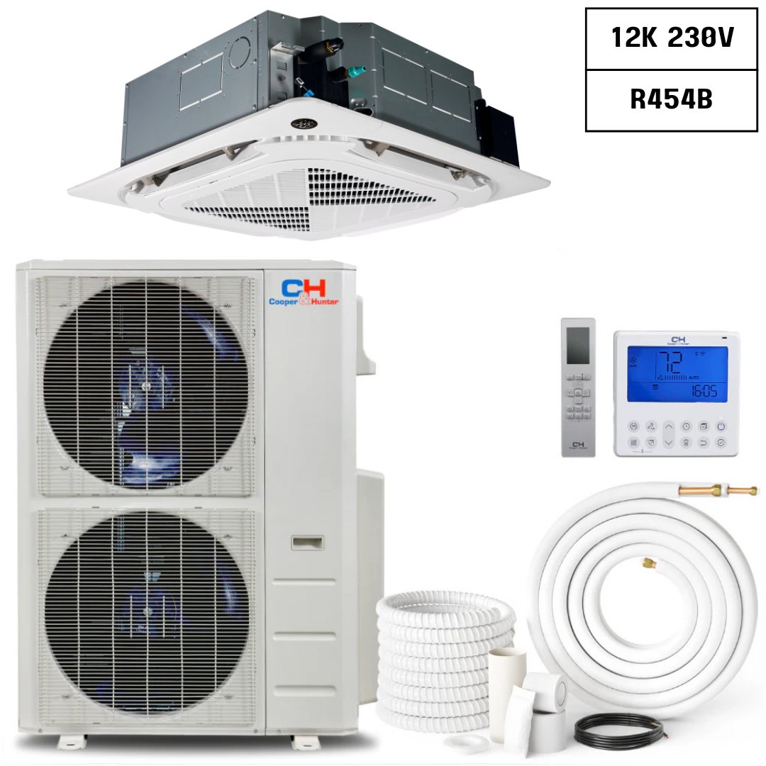 Cooper & Hunter Single-Zone 12,000 BTU 230V, 1 Ton, R454B, 21.1 SEER , Four way Ceiling Cassette Ductless Mini Split Air Conditioner Heat Pump 1 TON, Installation Kit Option. CH-RH12MCT + CH-RES12-230V0  *Waiting List*