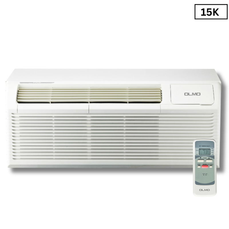 OLMO 15,000 BTU Smart PTAC Packaged Terminal Air Conditioner with Heat Strip 230V, Through The Wall System With Optional Sleeve and Grill - PTHP Heating And Cooling With Electric Cord and Remote Control OS-MBW-15HS