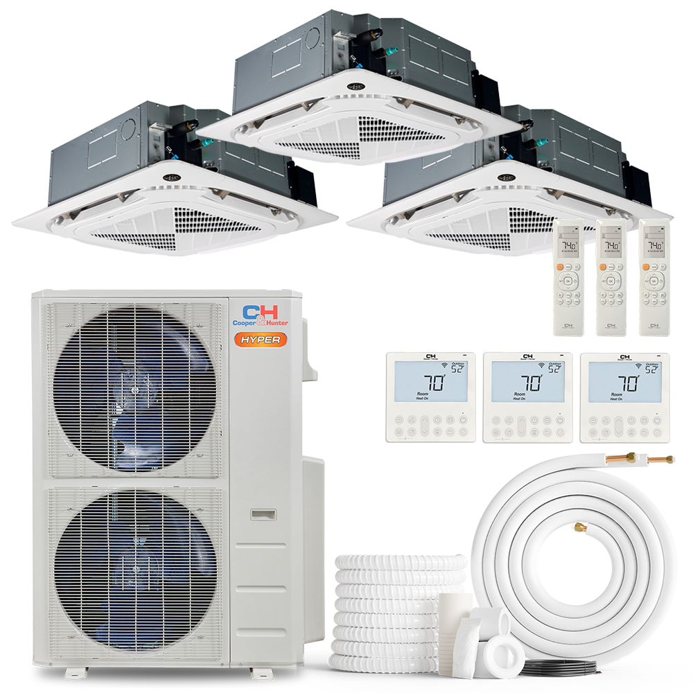 Cooper&Hunter Hyper Heat 3-Zone Ductless Mini Split AC & Heat Pump -- 48000 BTU (4.0 Ton) Without Shut-off Valves, 4-Way Ceiling Cassette Units (9K+9K+24K) BTU, Inverter Technology, 230V, Heating & Cooling