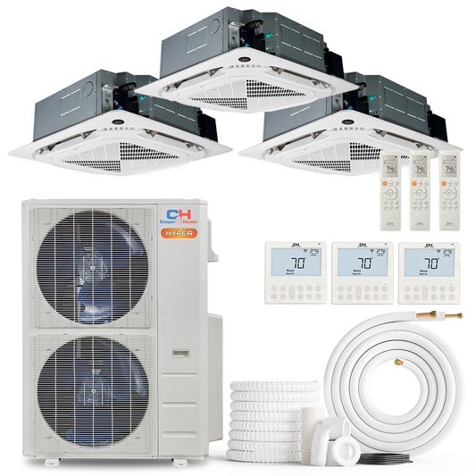 Cooper&Hunter Hyper Heat 3-Zone Ductless Mini Split AC & Heat Pump -- 48000 BTU (4.0 Ton) Without Shut-off Valves, 4-Way Ceiling Cassette Units (9K+12K+18K) BTU, Inverter Technology, 230V, Heating & Cooling