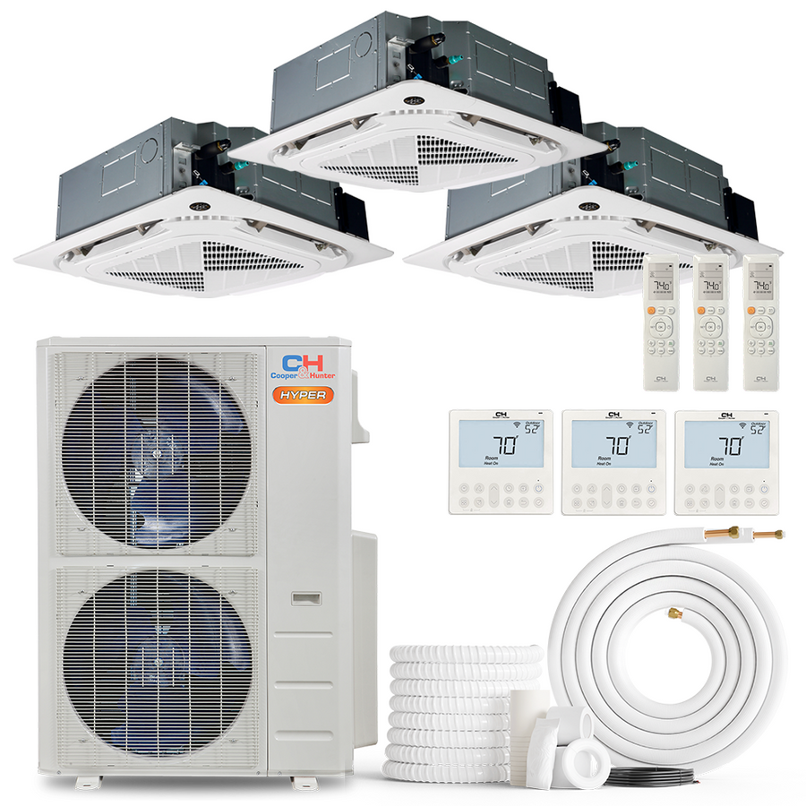 South Mini Splits | Cooper&Hunter Hyper Heat 3-Zone Ductless Mini Split AC & Heat Pump -- 48000 BTU (4.0 Ton) Without Shut-off Valves, 4-Way Ceiling Cassette Units (9K+12K+24K) BTU, Inverter Technology, 230V, Heating & Cooling 