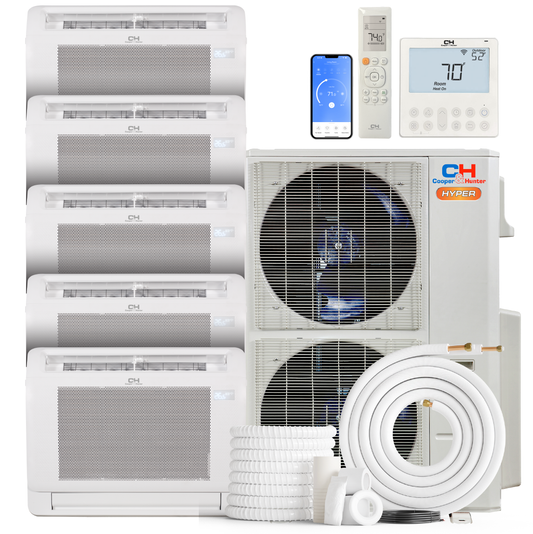 HVACSupplies.com | Cooper&Hunter Hyper Heat 5-Zone Ductless Mini Split AC & Heat Pump -- 55000 BTU (4.6 Ton) Without Shut-off Valves, Floor Console Units (9K+9K+12K+12K+18K) BTU, Inverter Technology, 230V, Heating & Cooling 
