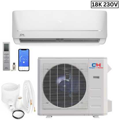 Cooper & Hunter MIA Series, 1.5 Ton Air Conditioner and Heat Pump, R410A, 18000 BTU Wall Mount Ductless Mini Split, 19 SEER Inverter System, 230V/60HZ, Single Head, Includes Wi-Fi and Optional Installation Kit. SKU CH-NY18MIA-230VI + CH-NY18MIA-230VO