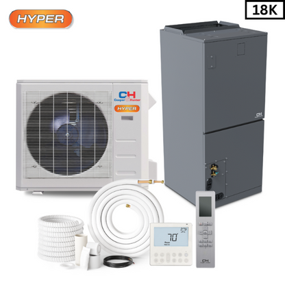 Cooper & Hunter 18,000 BTU High Efficiency Hyper 1.5 TON, R410A, 17.6 SEER Heat Pump Split System with Multi Position Air Handler with Optional Installation Kit and Optional Auxiliary Heat Strip CH-M18AHU + CH-HPR18-230VO