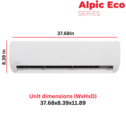 OLMO R410A, 18000 BTU, 230V 1.5 Ton 16.8 SEER Mini Split Ductless Air Conditioner Heat Pump, Alpic Eco Series + Installation Kit Option. SKU S-EL18ALP230VI + OS-EL18ALP230VO