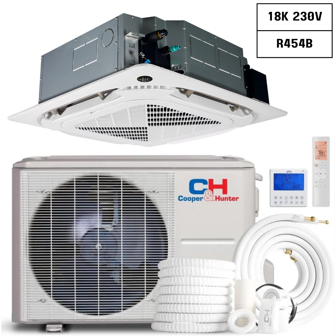 Cooper&Hunter 18000 BTU Four-Way Ceiling Cassette R454B 1.5 Ton Single Zone Air Conditioner Heat Pump Ductless Mini Split 20.7 SEER Inverter 230V Single Head Wi-Fi Thermostat CH-RH18MCT + CH-RES18-230VO - South Mini Splits