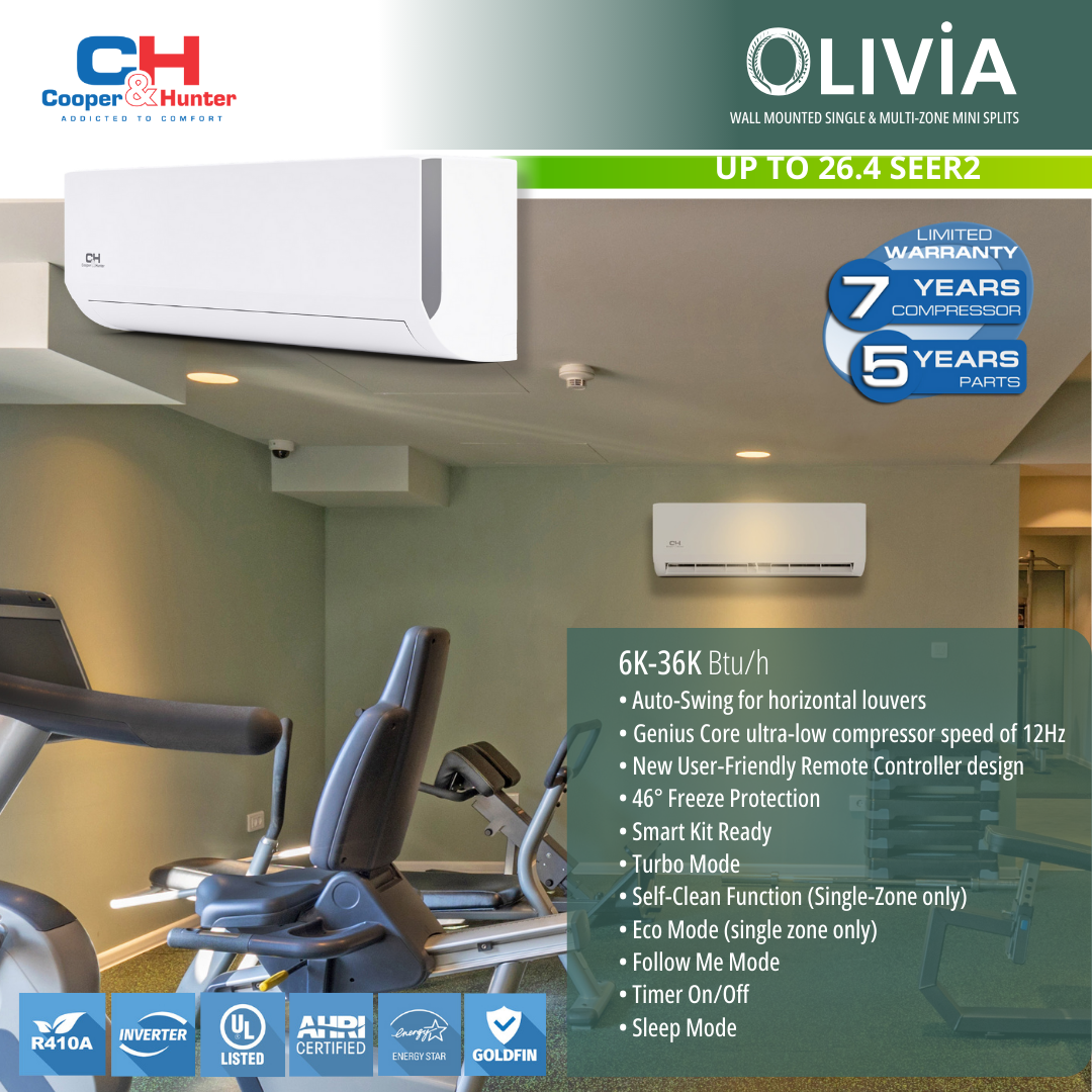 Cooper & Hunter, Olivia Series, R410A, 36,000 BTU/h, 3 Tons, 208-230V/60HZ, 18 SEER, Ductless Mini Split Wall Mount AC/Heater With WIFI and Optional Installation Kit - South Mini Splits