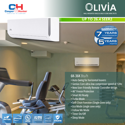 Cooper & Hunter Olivia Series, R410A, 0.75 Ton Single Zone Air Conditioner and Heat Pump, 9,000 BTU/h Ductless Mini Split Wall Mount, 24 SEER Inverter System, 208-230V/60HZ, Single Head, with Wi-Fi and Optional Installation Kit