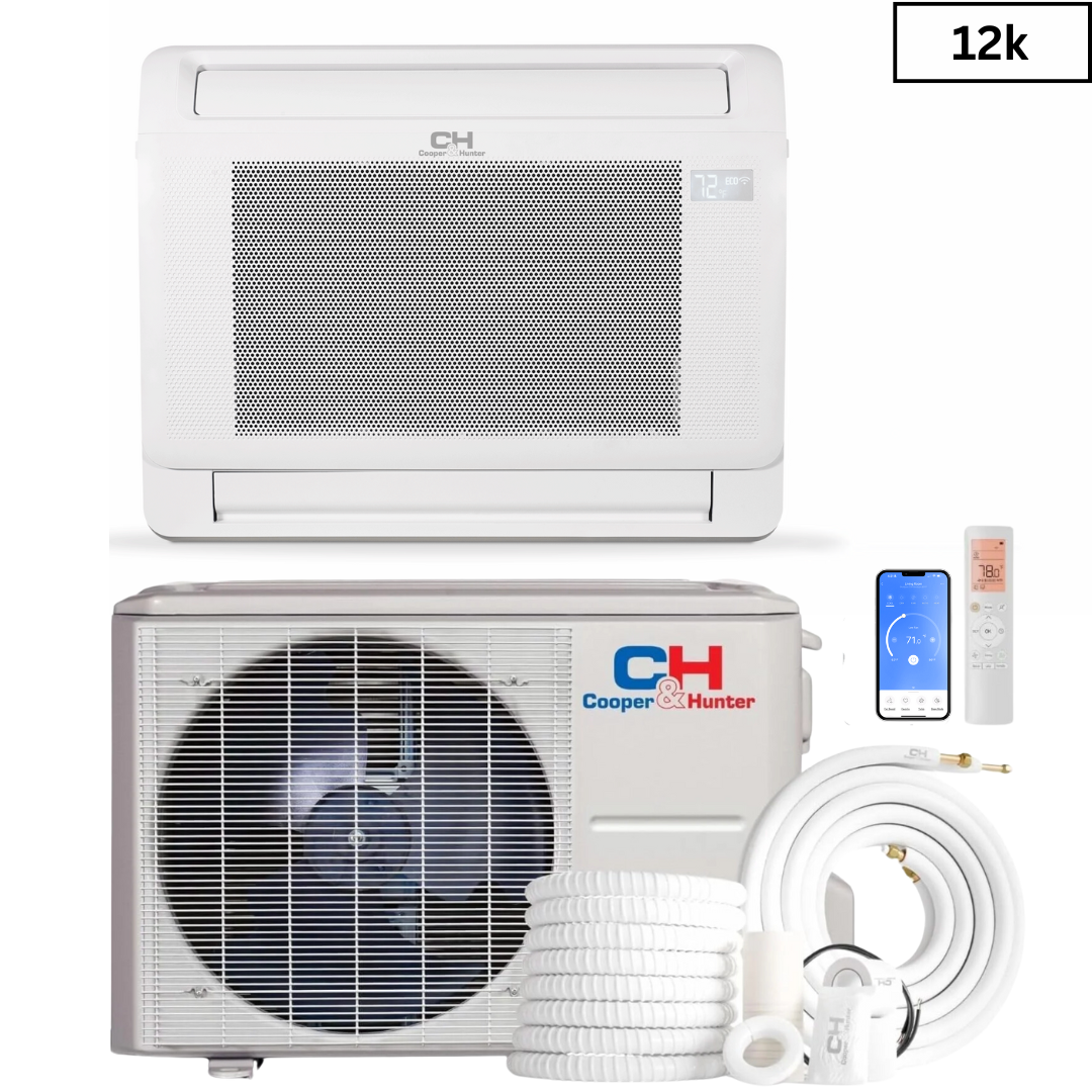 Cooper & Hunter Mini Floor Console 12,000 BTU 230V Air Conditioning Unit for Heat Pump, Ductless Mini Split Inverter System Up To 25 SEER2 with Optional Installation Kit. CH-12MMC-230VI + CH-ES12-230VO