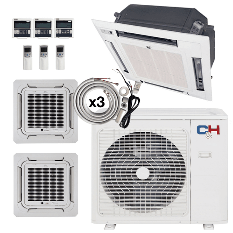 Cooper&Hunter R454B Four-Way Ceiling Cassette 9K + 12K + 24K BTU 2-Zone Ductless Mini Split System, 48K BTU Heat Pump, 24 SEER2, Wi-Fi Thermostat Included + Optional Installation Kit - South Mini Splits