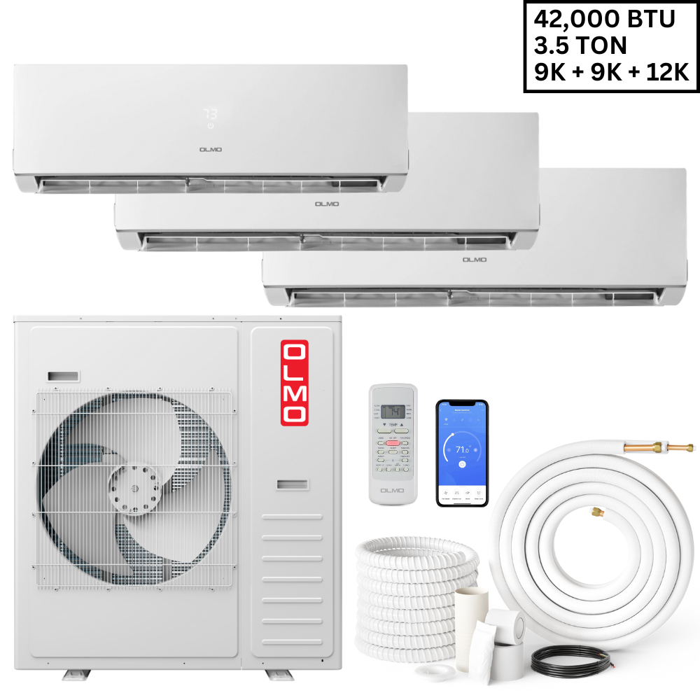 3 Zone (3 Heads) OLMO Sierra Multi-Zone 42,000 BTU, 3.5 TON, R410A, Tri Zone 9K + 9K + 12K BTU Wall Mount Ductless Mini Split Air Conditioner and Heater, Inverter with Heat Pump, 230V, Optional 16ft, 25ft or 50ft Installation Kits