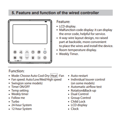 Cooper&Hunter Wired Wall Thermostat Controller with Integrated Smart Kit for Ceiling Cassettes, Universal Floor-Ceiling, and Multi-Position Air Handlers