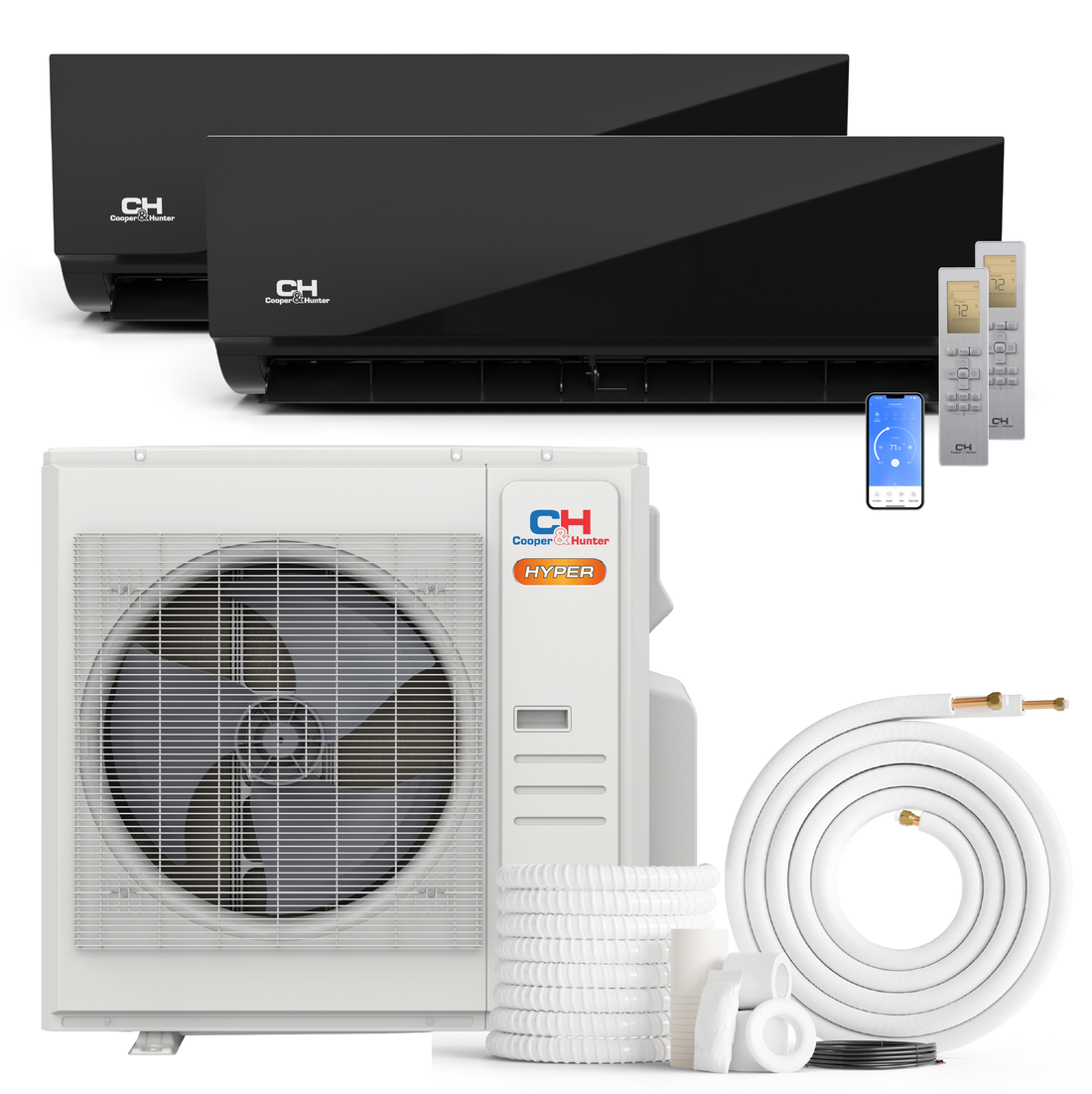 Cooper&Hunter Hyper Heat Olivia Midnight Series 2-Zone Ductless Mini Split AC & Heat Pump -- 36000 BTU (3.0 Ton) Without Shut-off Valves, Wall Mount Units (18K+24K) BTU, Inverter Technology, 230V, Heating & Cooling