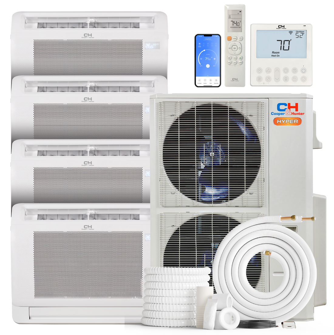 HVACSupplies.com | Cooper&Hunter Hyper Heat 4-Zone Ductless Mini Split AC & Heat Pump -- 48000 BTU (4.0 Ton) Without Shut-off Valves, Floor Console Units (12K+12K+18K+18K) BTU, Inverter Technology, 230V, Heating & Cooling 