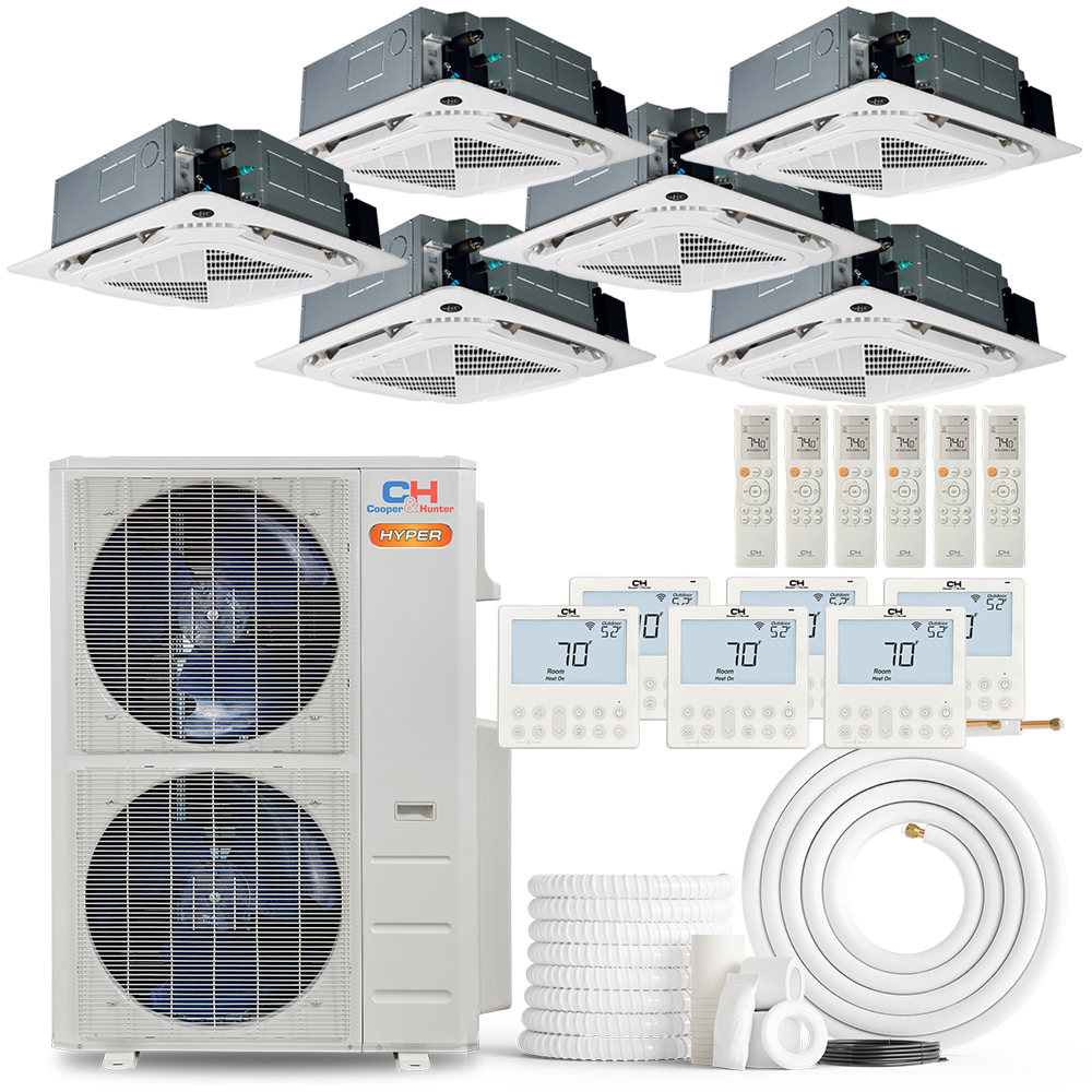 HVACSupplies.com | Cooper&Hunter Hyper Heat 6-Zone Ductless Mini Split AC & Heat Pump -- 55000 BTU (4.6 Ton) Without Shut-off Valves, 4-Way Ceiling Cassette Units (9K+9K+9K+9K+12K+12K) BTU, Inverter Technology, 230V, Heating & Cooling 