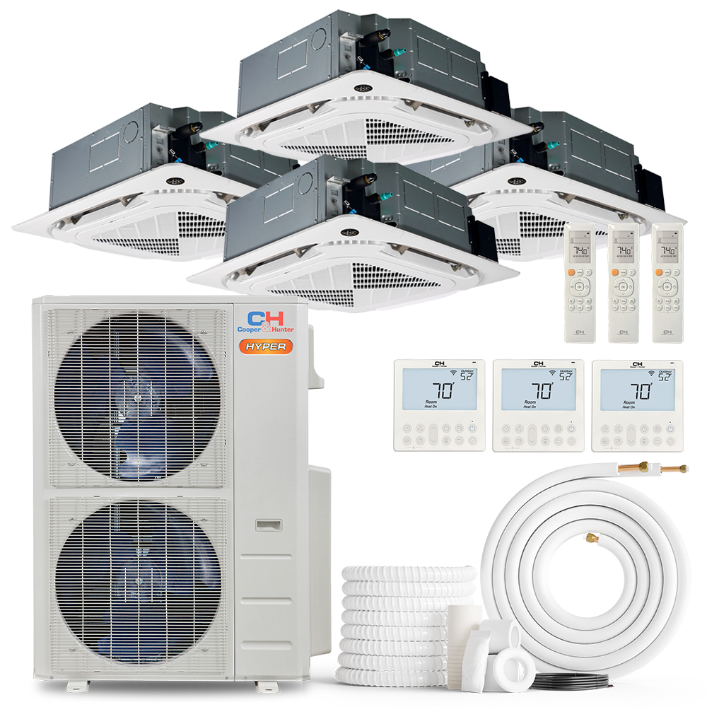 Cooper&Hunter Hyper Heat 4-Zone Ductless Mini Split AC & Heat Pump -- 55000 BTU (4.6 Ton) Without Shut-off Valves, 4-Way Ceiling Cassette Units (12K+18K+18K+18K) BTU, Inverter Technology, 230V, Heating & Cooling