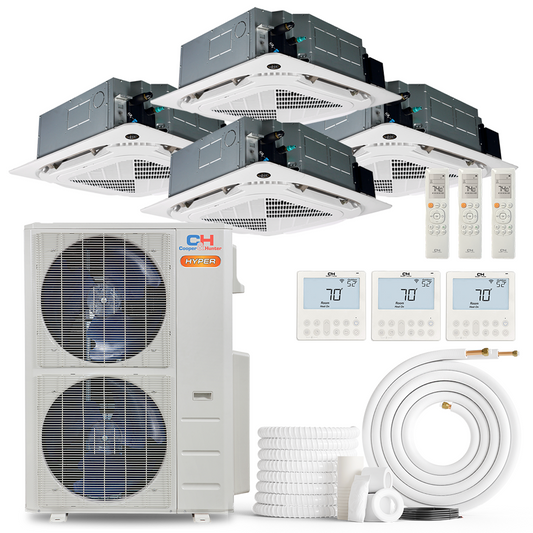 HVACSupplies.com | Cooper&Hunter Hyper Heat 4-Zone Ductless Mini Split AC & Heat Pump -- 55000 BTU (4.6 Ton) Without Shut-off Valves, 4-Way Ceiling Cassette Units (9K+12K+12K+24K) BTU, Inverter Technology, 230V, Heating & Cooling 
