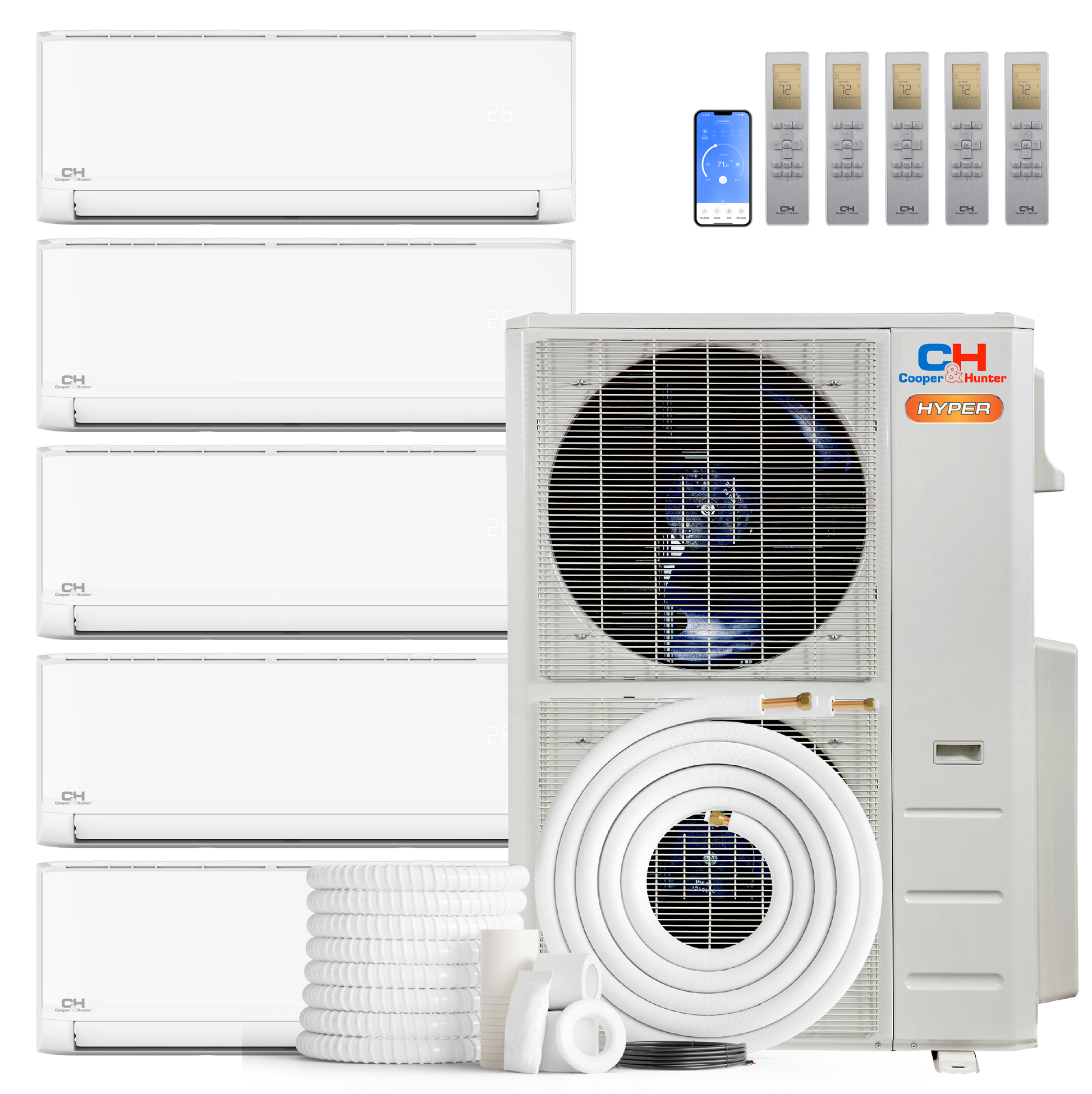 HVACSupplies.com | Cooper&Hunter Hyper Heat Olivia Series 5-Zone Ductless Mini Split AC & Heat Pump -- 55000 BTU (4.6 Ton) Without Shut-off Valves, Wall Mount Units (9K+9K+9K+18K+18K) BTU, Inverter Technology, 230V, Heating & Cooling 
