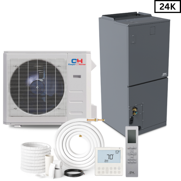 Cooper&Hunter R410A, 24,000 BTU 2 TON 20 SEER Heat Pump Split System with Multi Position Air Handler, Wi-Fi Thermostat Included and Optional Installation Kit + Auxiliary Heat Option - CH-M24AHU + CH-ES24-230VO - South Mini Splits