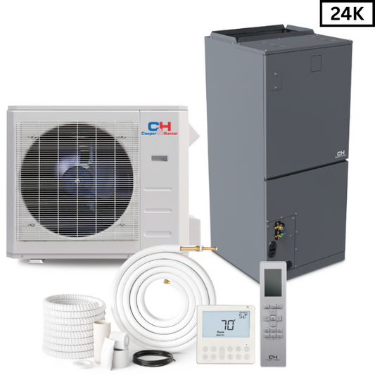 Cooper&Hunter R410A, 24,000 BTU 2 TON 20 SEER Heat Pump Split System with Multi Position Air Handler, Wi-Fi Thermostat Included and Optional Installation Kit + Auxiliary Heat Option - CH-M24AHU + CH-ES24-230VO