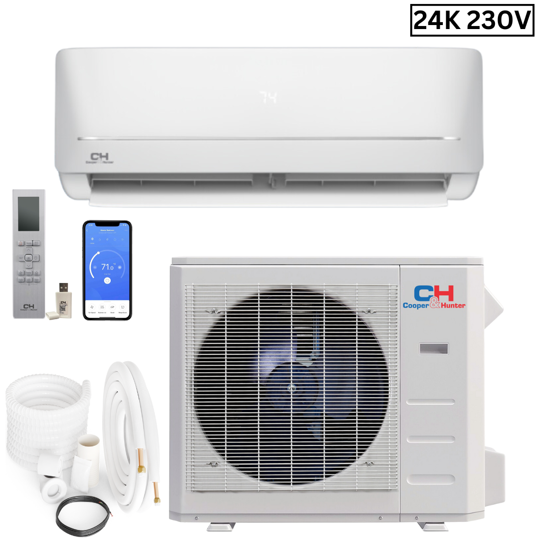 Cooper & Hunter MIA Series, 2 Ton Air Conditioner and Heat Pump, R410A, 24,000 BTU Wall Mount Ductless Mini Split, 18 SEER Inverter System, 230V/60HZ, Single Head, Includes Wi-Fi and Optional Installation Kit SKU CH-NY24MIA-230VI + CH-NY24MIA-230VO - South Mini Splits