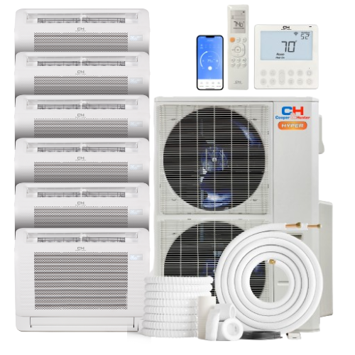 HVACSupplies.com | Cooper&Hunter Hyper Heat 6-Zone Ductless Mini Split AC & Heat Pump -- 55000 BTU (4.6 Ton) Without Shut-off Valves, Floor Console Units (9K+9K+9K+9K+12K+12K) BTU, Inverter Technology, 230V, Heating & Cooling 