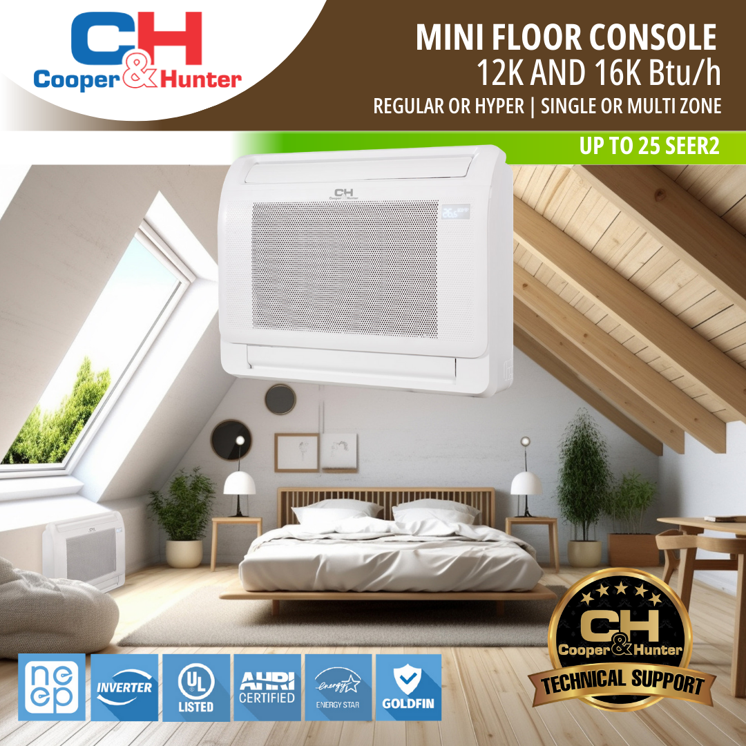 Cooper & Hunter Mini Floor Console 12,000,R454B, BTU 230V Hyper Air Conditioning Unit for Heat Pump, Ductless Mini Split Inverter System Up To 25 SEER2 with Optional Installation Kit. CH-RSH12MMC + CH-RHP12-230V0