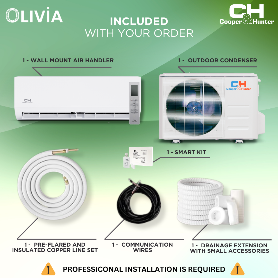 Cooper & Hunter Olivia Series, R410A, 0.75 Ton Single Zone Air Conditioner and Heat Pump, 9,000 BTU/h Ductless Mini Split Wall Mount, 24 SEER Inverter System, 208-230V/60HZ, Single Head, with Wi-Fi and Optional Installation Kit