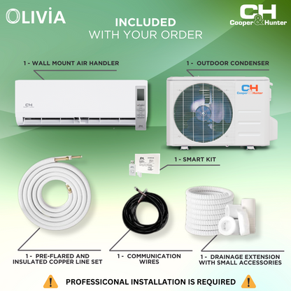 Cooper & Hunter Olivia Series, R410A, 0.75 Ton Single Zone Air Conditioner and Heat Pump, 9,000 BTU/h Ductless Mini Split Wall Mount, 24 SEER Inverter System, 208-230V/60HZ, Single Head, with Wi-Fi and Optional Installation Kit