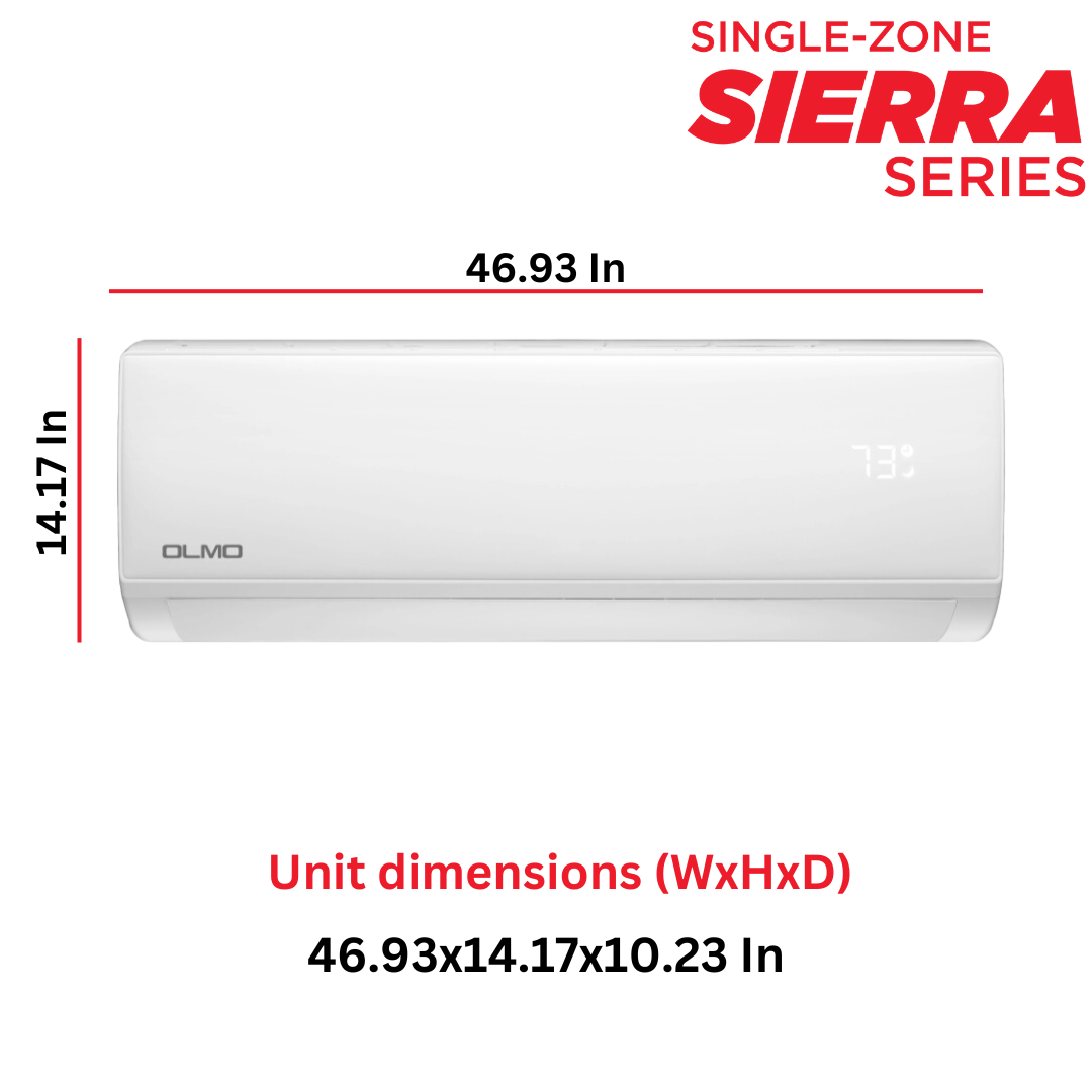 OLMO Sierra Single-Zone Series R410A, 36,000 BTU/h 3 Ton Mini Split Air Conditioner and Heat Pump, 19 SEER2, 208-230V, Ductless Wall Mount, WIFI Enabled with Optional 16FT Installation Kit