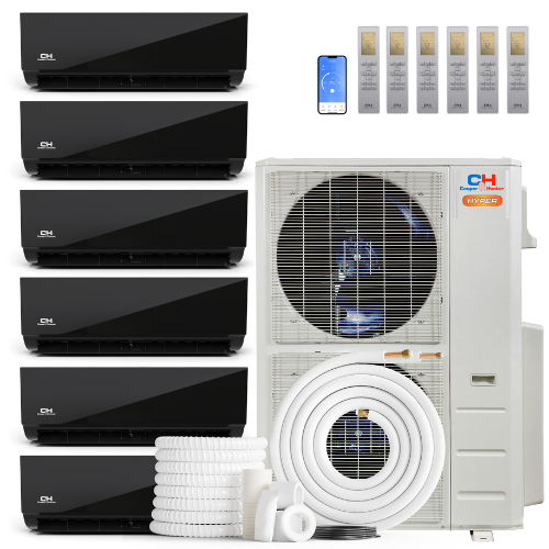 HVACSupplies.com | Cooper&Hunter Hyper Heat Olivia Midnight Series 6-Zone Ductless Mini Split AC & Heat Pump -- 55000 BTU (4.6 Ton) Without Shut-off Valves, Wall Mount Units (9K+9K+9K+9K+9K+24K) BTU, Inverter Technology, 230V, Heating & Cooling 