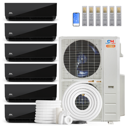 HVACSupplies.com | Cooper&amp;Hunter Hyper Heat Olivia Midnight Series 6-Zone Ductless Mini Split AC &amp; Heat Pump -- 48000 BTU (4.0 Ton) Without Shut-off Valves, Wall Mount Units (9K+9K+9K+12K+12K+18K) BTU, Inverter Technology, 230V, Heating &amp; Cooling 