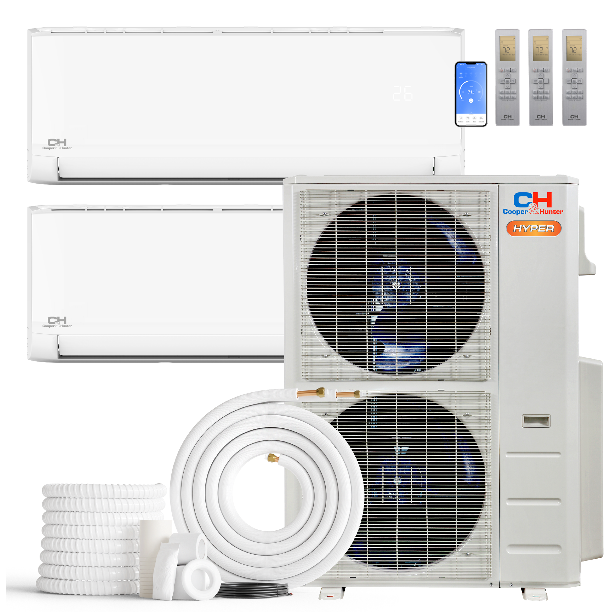 Cooper&Hunter Hyper Heat Olivia Series 2-Zone Ductless Mini Split AC & Heat Pump -- 55000 BTU (4.6 Ton) Without Shut-off Valves, Wall Mount Units (18K+18K) BTU, Inverter Technology, 230V, Heating & Cooling