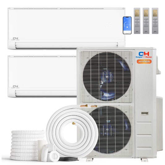 Cooper&Hunter Hyper Heat Olivia Series 2-Zone Ductless Mini Split AC & Heat Pump -- 55000 BTU (4.6 Ton) Without Shut-off Valves, Wall Mount Units (18K+18K) BTU, Inverter Technology, 230V, Heating & Cooling
