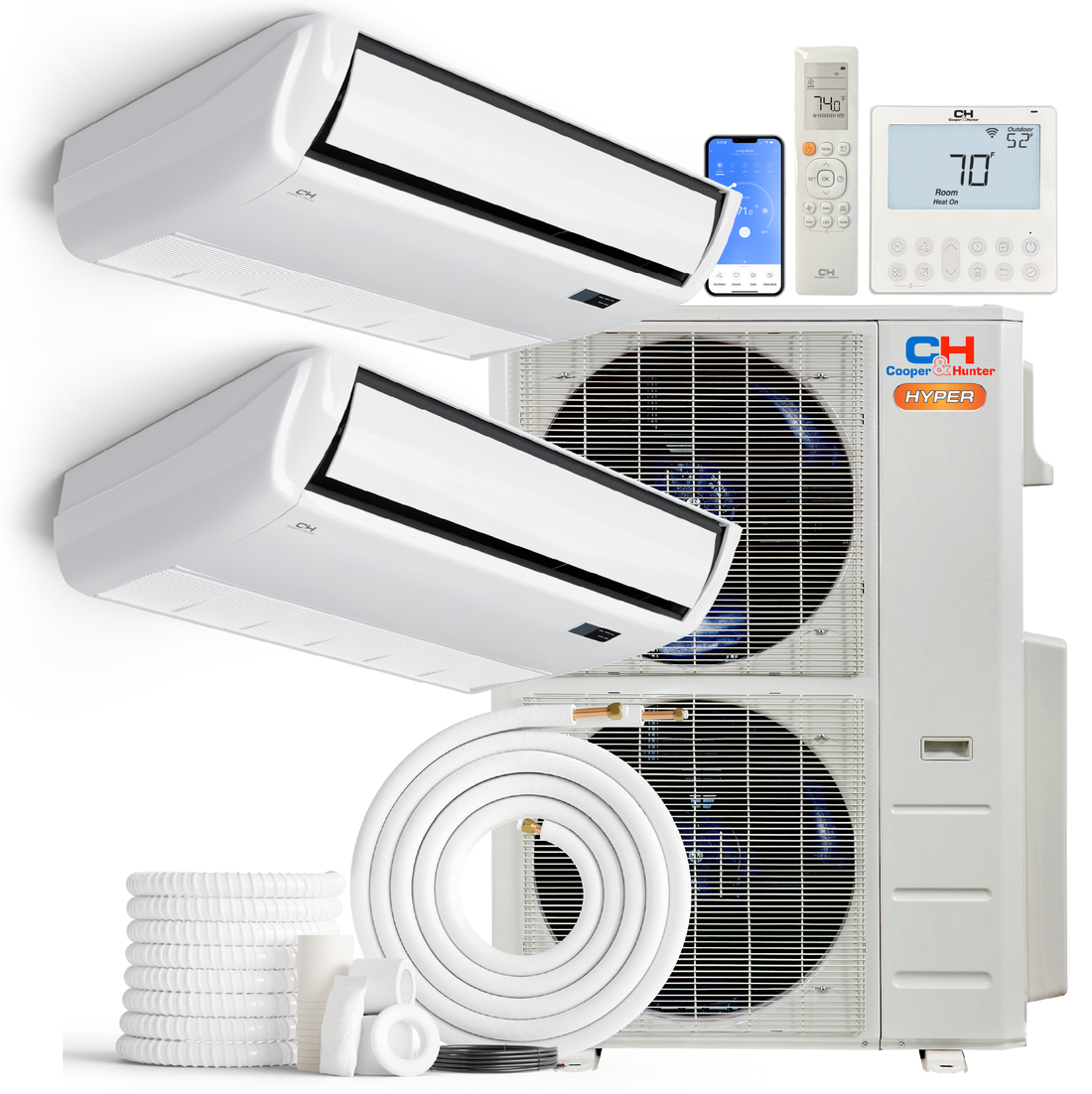 South Mini Splits | Cooper&Hunter Hyper Heat 2-Zone Ductless Mini Split AC & Heat Pump -- 55000 BTU (4.6 Ton) Without Shut-off Valves, Universal Floor Ceiling Units (18K+18K) BTU, Inverter Technology, 230V, Heating & Cooling 