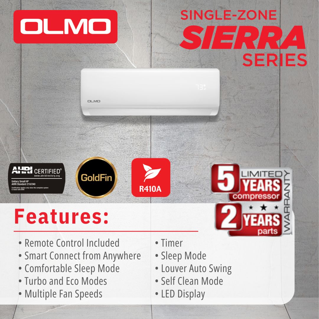 OLMO Sierra Single-Zone Series 36,000 BTU/h 3 Ton Mini Split Air Conditioner and Heat Pump, 19 SEER2, 208-230V, Ductless Wall Mount, WIFI Enabled, LINESET NOT INCLUDED - South Mini Splits