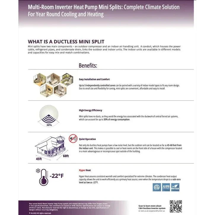 2 Zone Cooper & Hunter Olivia Series, 1.5 Ton Air Conditioner, Ductless Mini Split with 6k+9k BTU Wall Mounts, R410A, 22.9 SEER 18K BTU Inverter Heat Pump, 230V, Dual Head (2 Heads), Choose your Installation Kit + WIFI Adapter - South Mini Splits