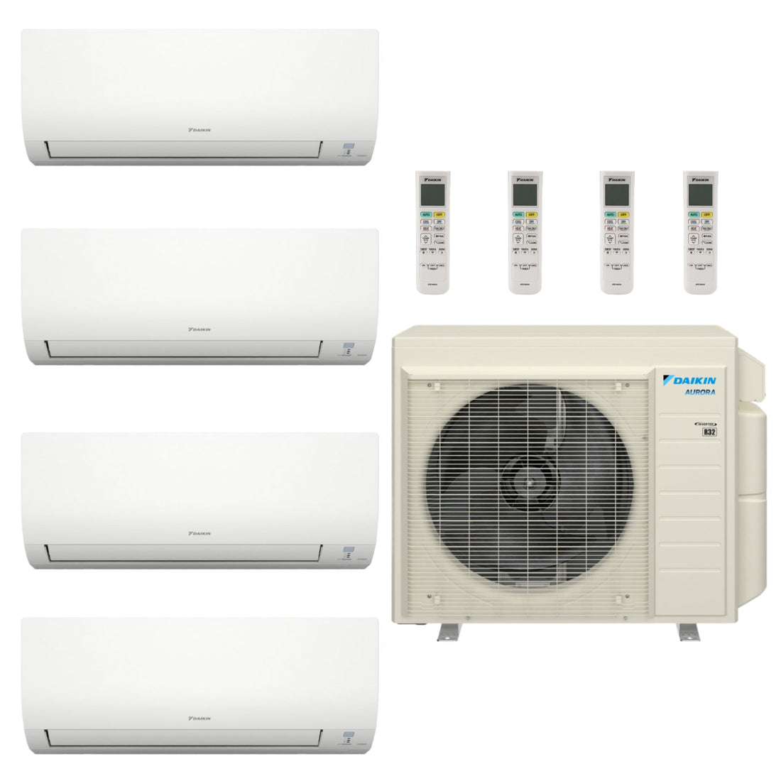 HVACSupplies.com | Daikin Hyper Heat Aurora 4-Zone Ductless Mini Split AC & Heat Pump w/ Drain Heat Pan 40000 BTU (9K+9K+12K+24K), Wall Mount Units, 230V - R32 