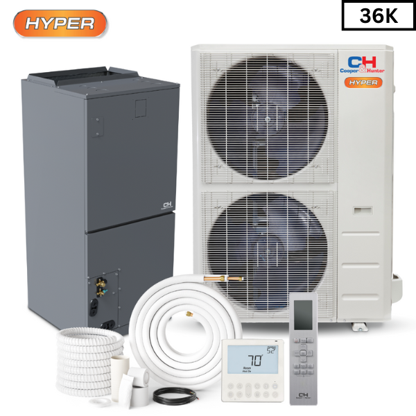 Cooper & Hunter 36,000 BTU High Efficiency Hyper 2 TON, R410A, 14.9 SEER Heat Pump Split System with Multi Position Air Handler with Optional Installation Kit and Optional Auxiliary Heat Strip CH-36AHU + CH-NHPR36LCU-230VO