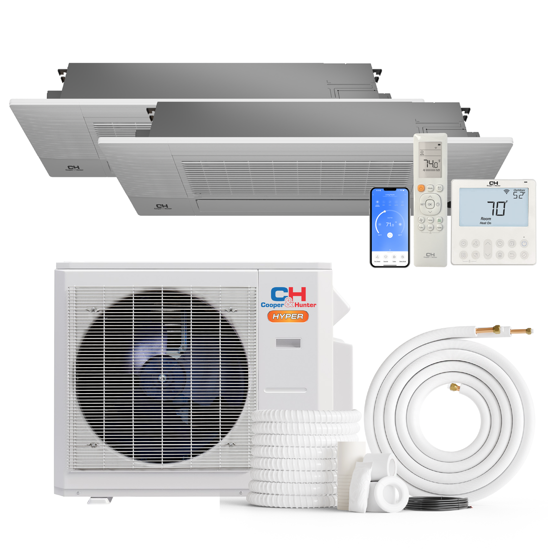 Cooper&Hunter Hyper Heat 2-Zone Ductless Mini Split AC & Heat Pump -- 28000 BTU (2.3 Ton) Without Shut-off Valves, One-Way Cassette Units (9K+9K) BTU, Inverter Technology, 230V, Heating & Cooling