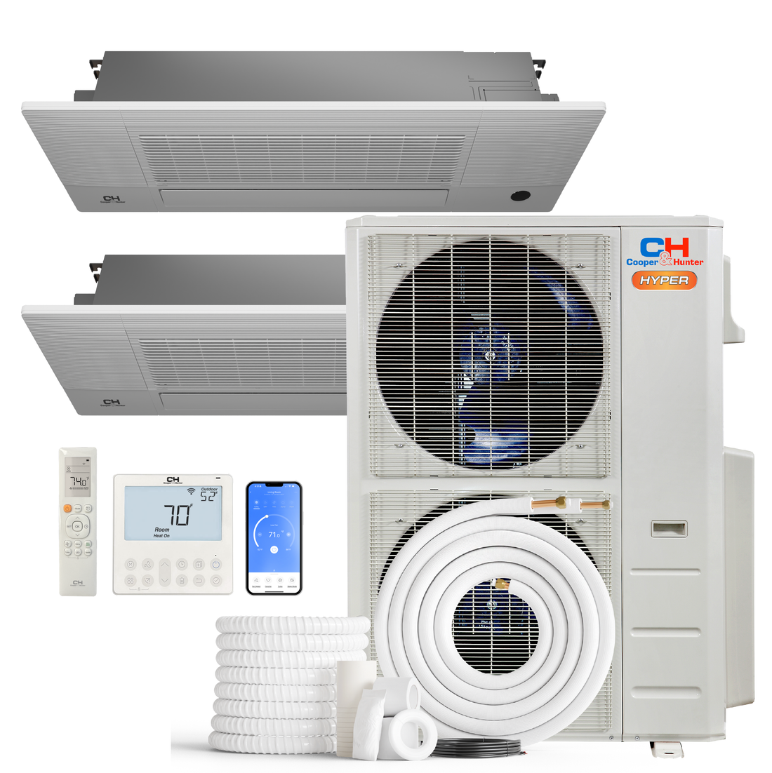 Cooper&Hunter Hyper Heat 2-Zone Ductless Mini Split AC & Heat Pump -- 48000 BTU (4.0 Ton) Without Shut-off Valves, One-Way Cassette Units (12K+12K) BTU, Inverter Technology, 230V, Heating & Cooling