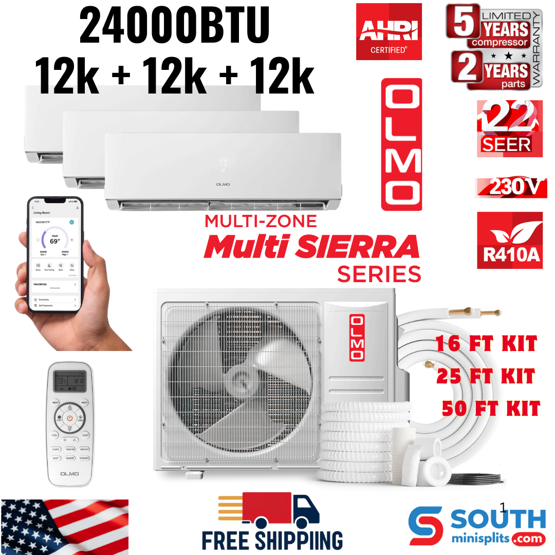 3 Zone (3 Heads) OLMO Sierra Multi-Zone 24,000 BTU, R410A, Tri Zone 12K + 12K + 12K BTU Wall Mount Ductless Mini Split Air Conditioner and Heater, 2.3 Ton 24K BTU Inverter with Heat Pump, 230V, Optional 16ft, 25ft or 50ft Installation Kits - South Mini Splits